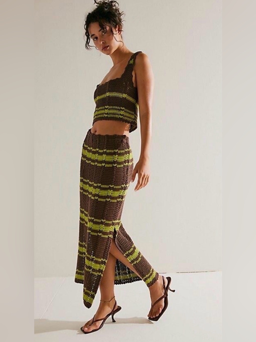 New Free People Donni Sweater Set Natural Brown Green Size Small Y2k Retro Boho